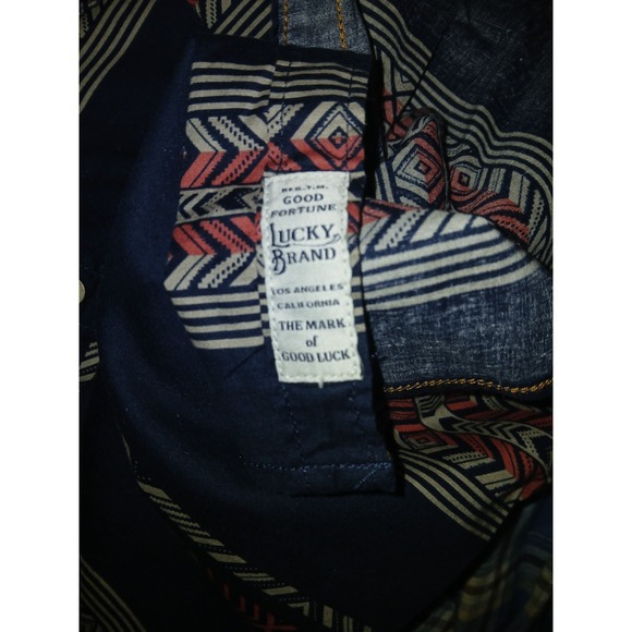 Lucky Brand Men's Navy Beige Orange Aztec Print Pearl Snap Stretch Shirt Medium - Picture 4 of 10